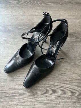 Stephane Kelian Black Leather Ankle-Strap Pumps with Pointed Square Toe